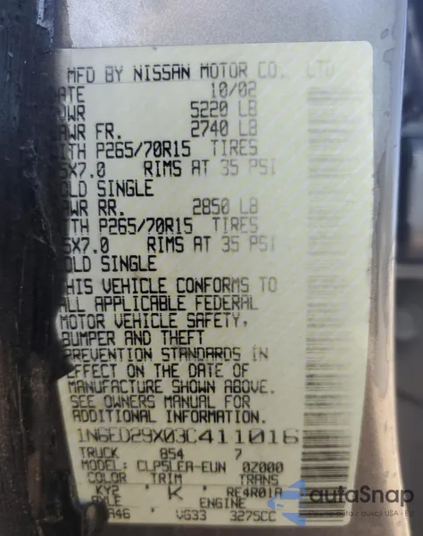 2003 Nissan Frontier Crew Cab Xe z USA, uszkodzony, nr VIN 1N6ED29X03C411016